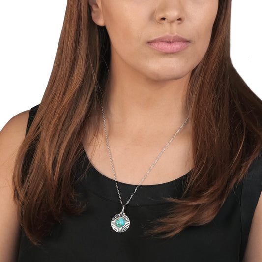 Sterling Silver Sonoran Turquoise Cabochon and Swiss Blue Topaz Sunray Pendant Necklace