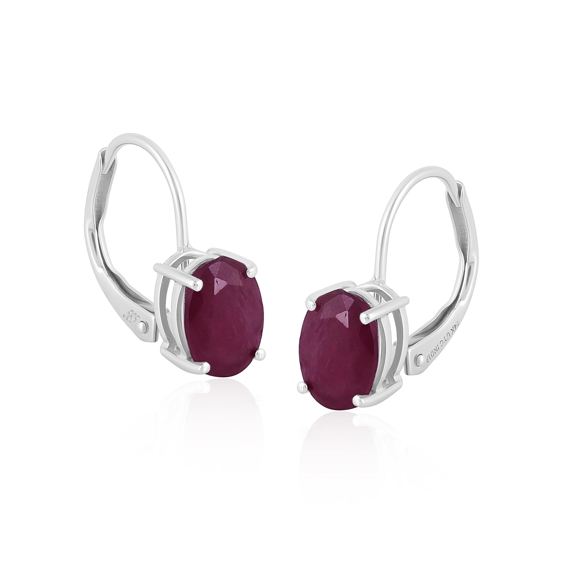 14K White Gold Oval Ruby Lever Back Drop Earrings