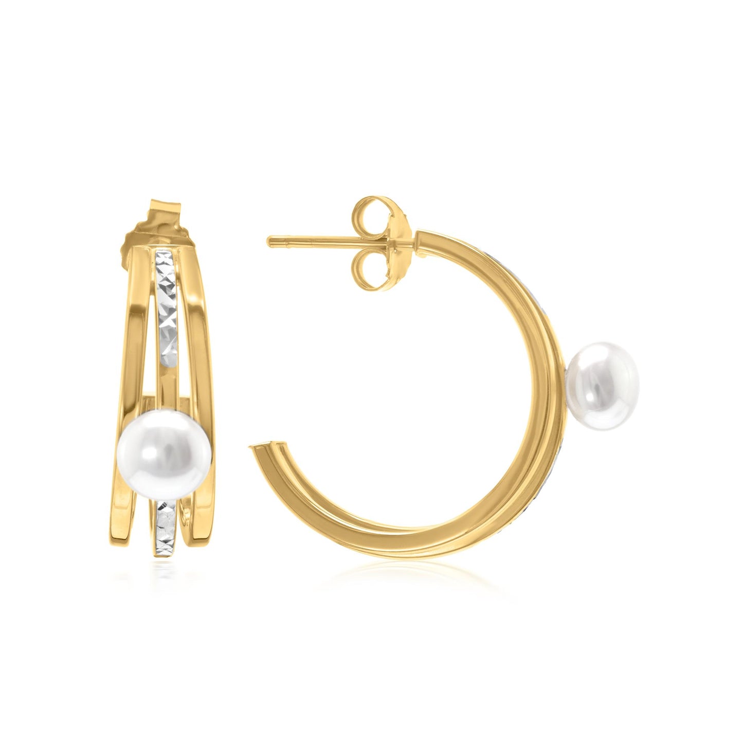 Judy Crowell Jewelry Gold Over Sterling Silver Freshwater Pearl Diamond Cut Triple Hoop Earrings