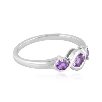 Cora Sterling Silver Amethyst Gemstone 3-Stone Round Bezel Ring, Sizes 6 to 8