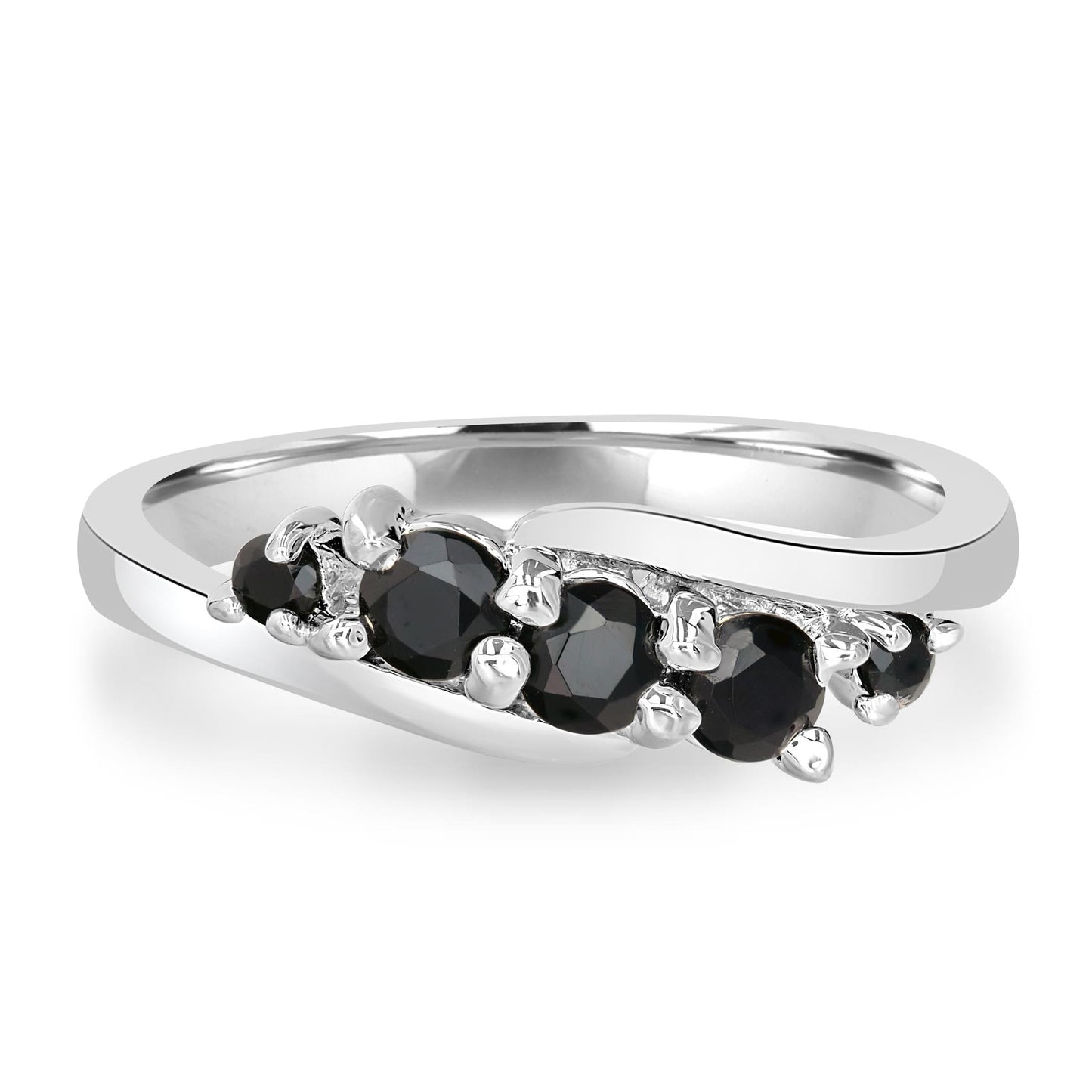 Angela Sterling Silver Black Onyx 5-Stone Wave Ring, Sizes 6 to 8