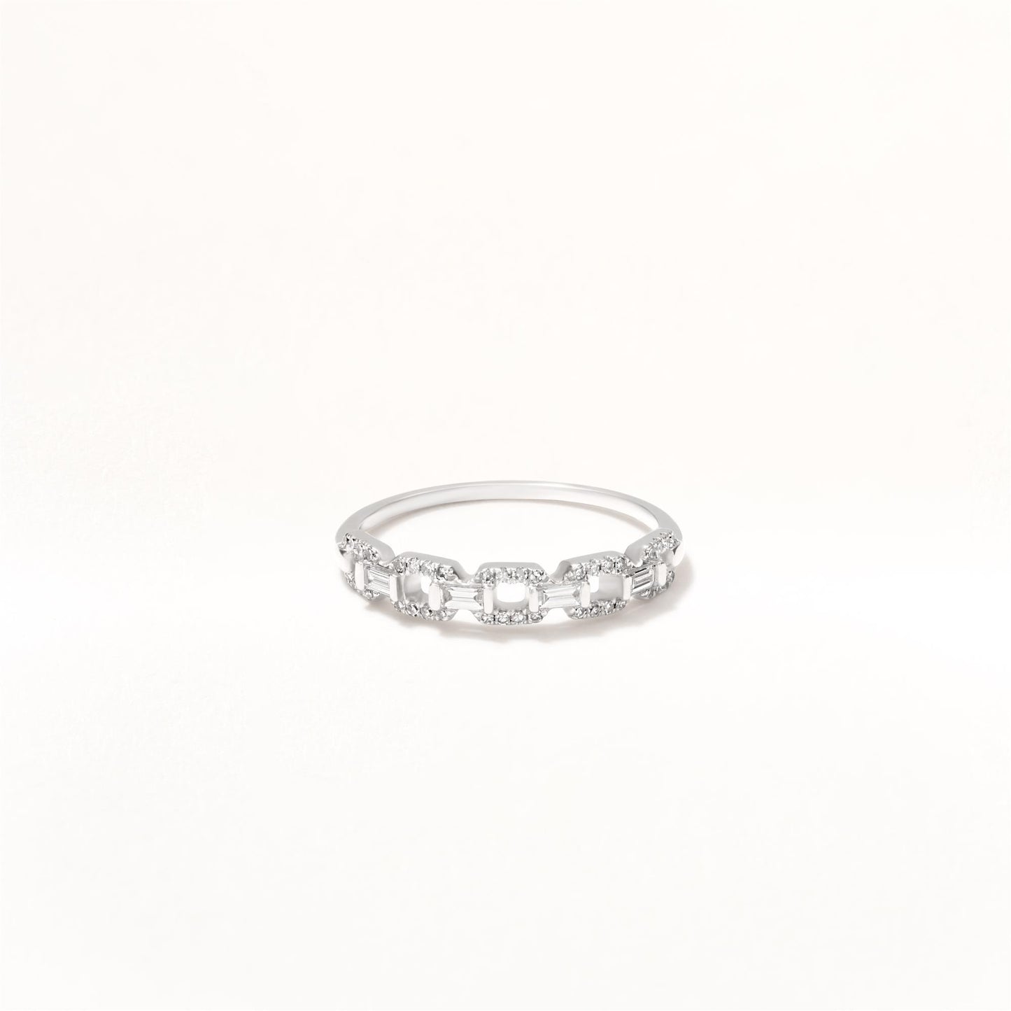 14K White Gold Round and Baguette-Cut Diamond Link Ring, .19 Carats, Sizes 6 to 8