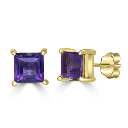 Gemistry Classic Womens or Girls 14K Yellow Gold Genuine Amethyst Square Shaped Stud Earring February Birthstone Jewelry Gift for Her Birthday| Wedding | Anniversary