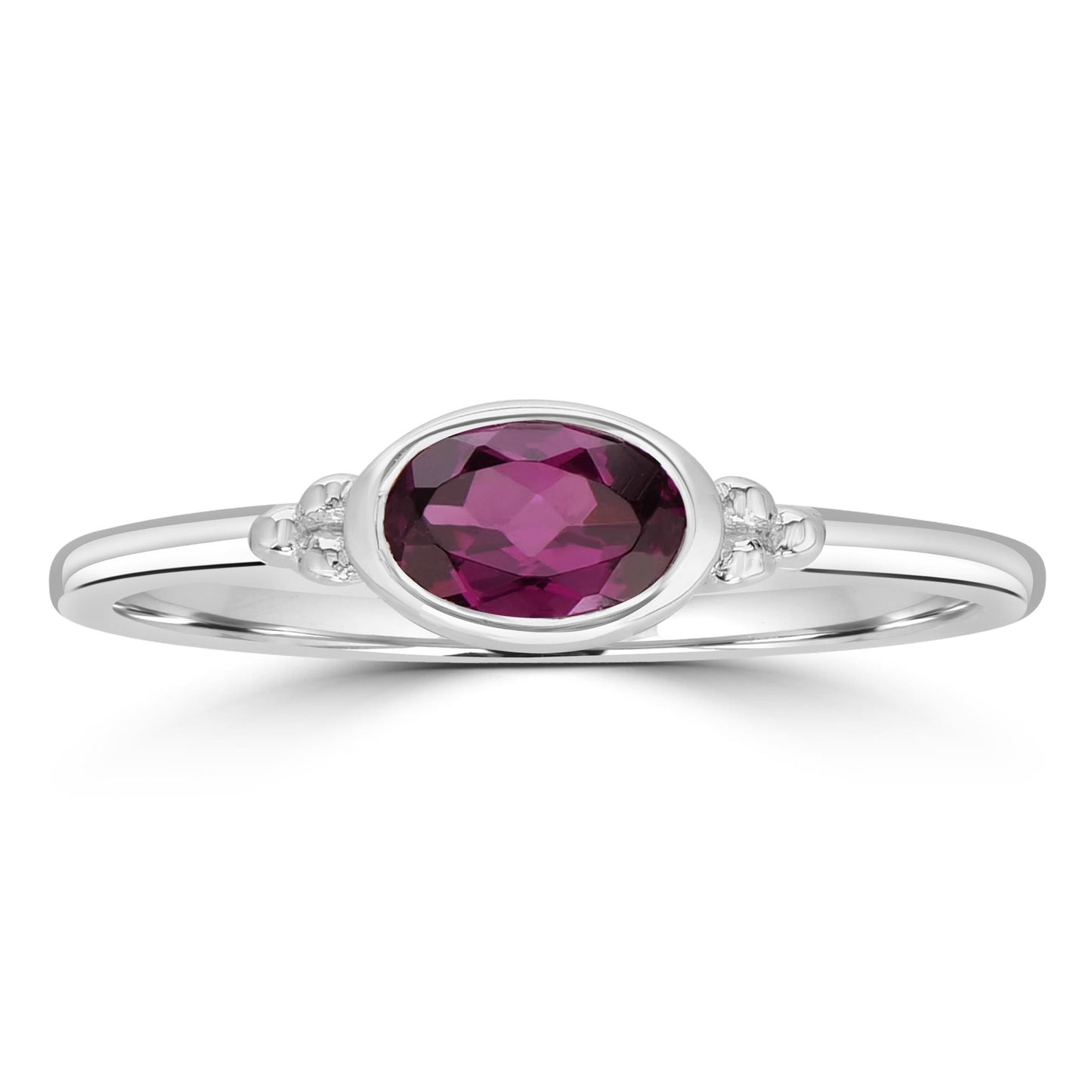 East-West Sterling Silver Rhodolite Gemstone Stackable Solitaire Bezel Ring, Sizes 6 to 8