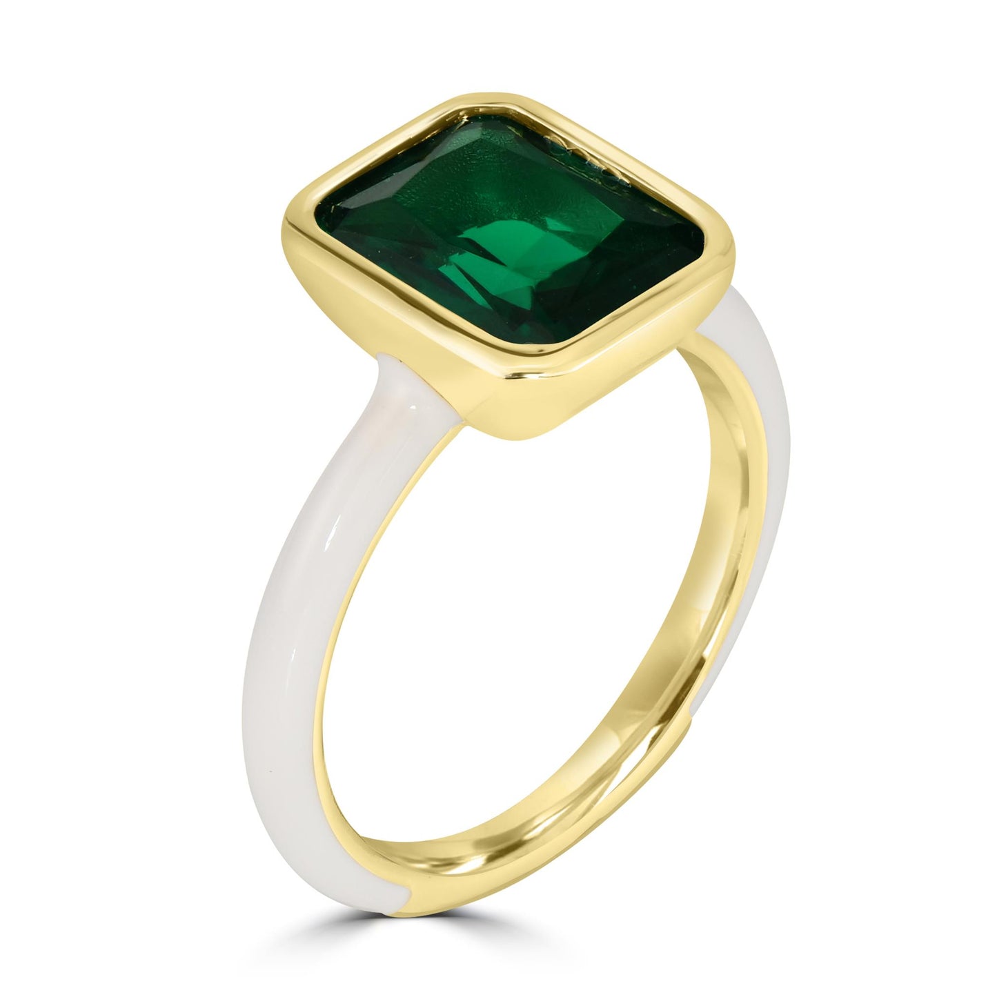 Bob Mackie Gold Over Brass White Enamel Rectangular Cut Emerald Green Cubic Zirconia Ring, Sizes 6 to 8