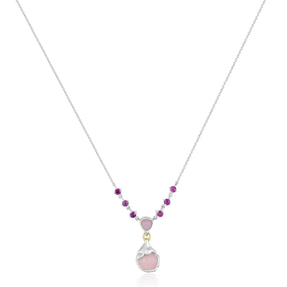 GEMISTRY Women Sterling Silver Pink Opal and Rhodolite Gemstone Drop Necklace | Birthstone Jewelry Gift for Her Birthday | Wedding | Anniversary