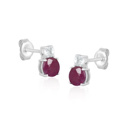 14K White Gold Round Ruby and White Topaz Stud Earrings