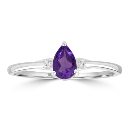 Dew Sterling Silver Amethyst and White Topaz Gemstone Stackable Pear Ring, Sizes 6 to 8