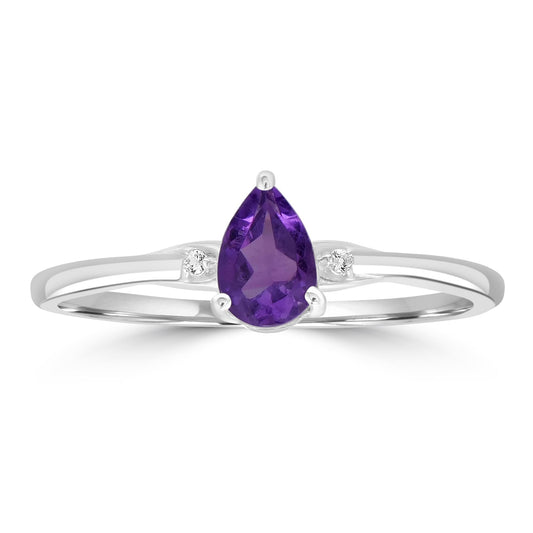 Dew Sterling Silver Amethyst and White Topaz Gemstone Stackable Pear Ring, Sizes 6 to 8