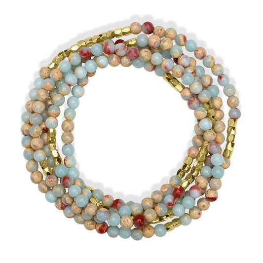 14K Gold Over Brass Impression Jasper Gemstone Beaded Wrap Bracelet or Necklace, 35 Inches