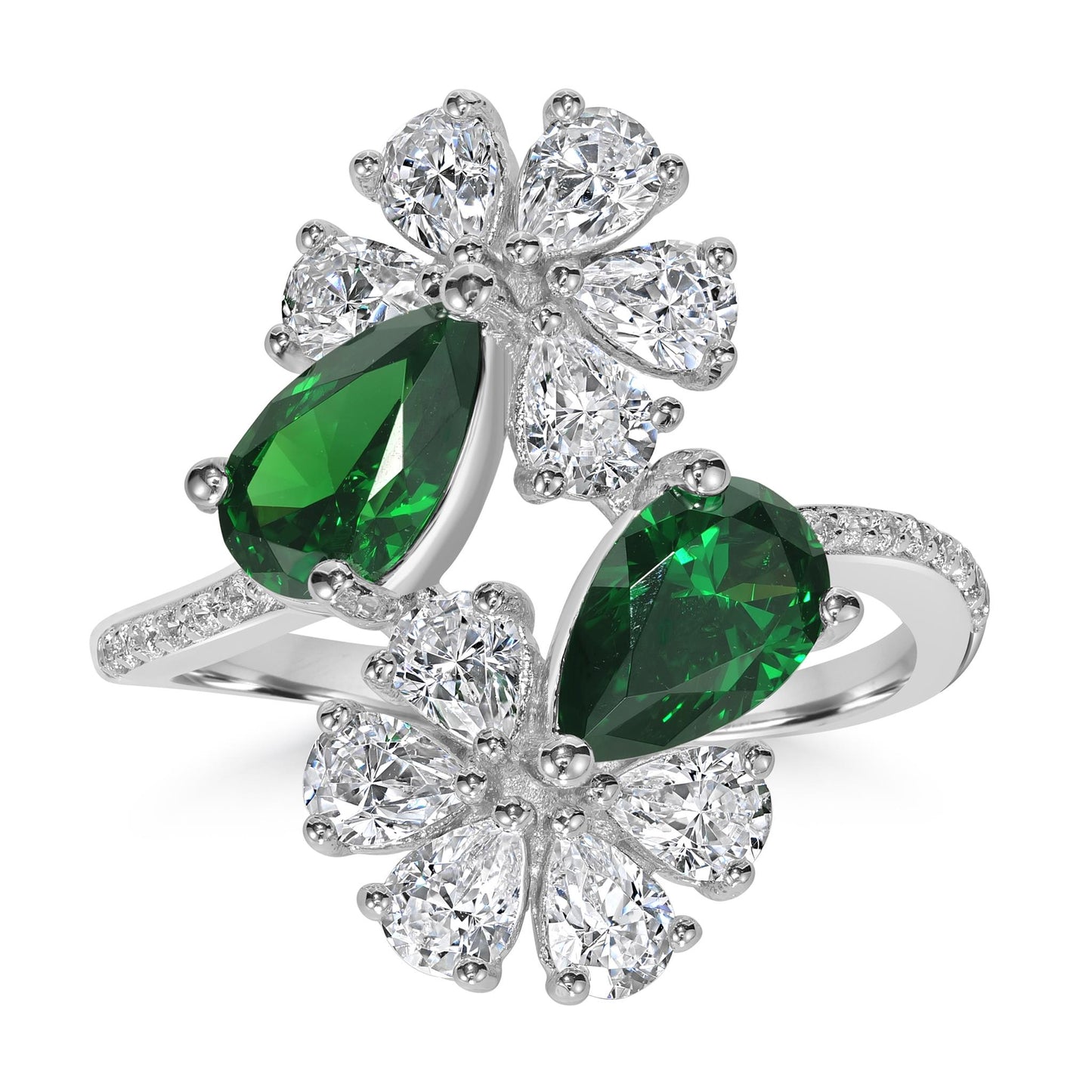 Kathy Levine Sterling Silver White and Emerald Cubic Zirconia Double Flower Pear and Round Bypass Ring