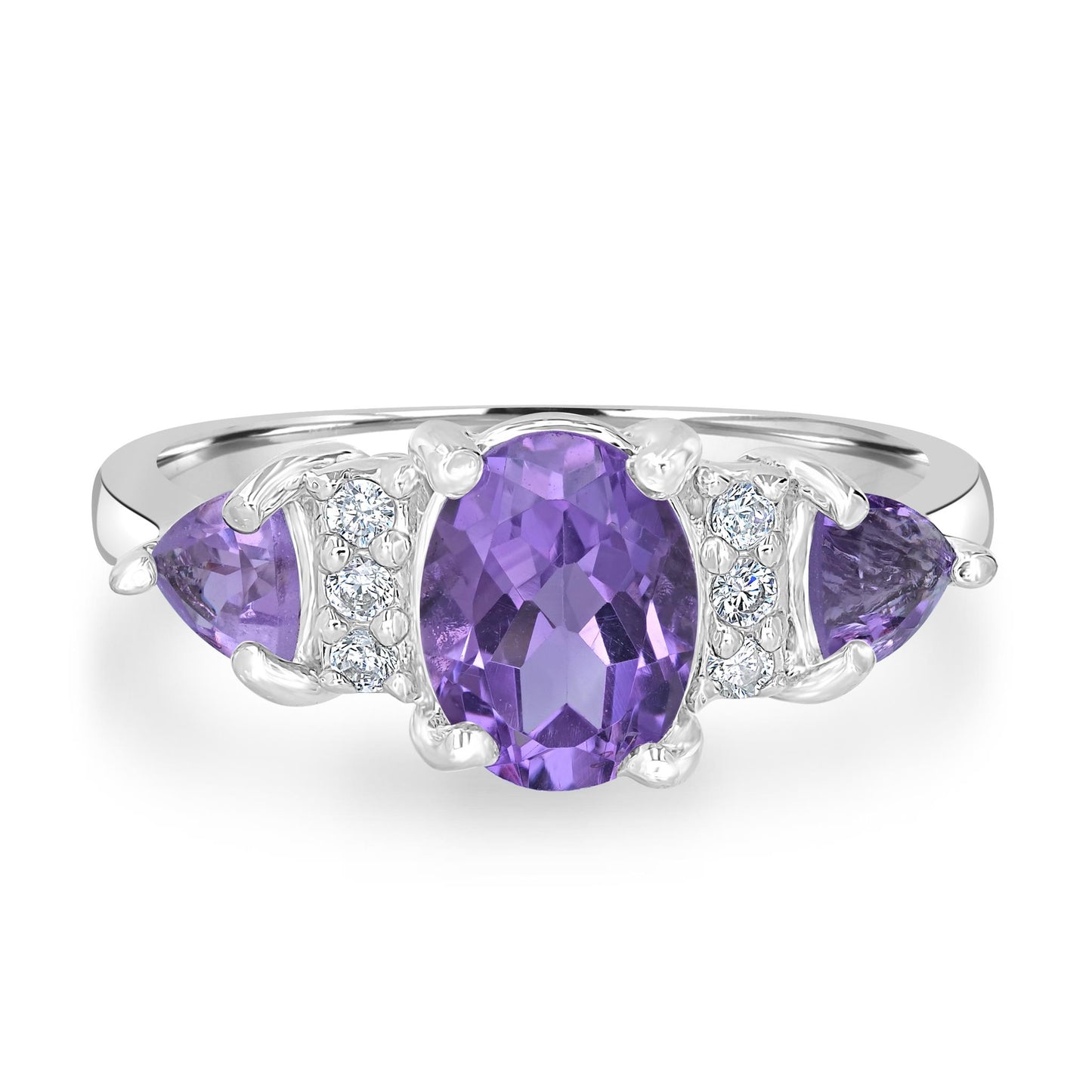 Sterling Silver Amethyst and Cubic Zirconia 3-Stone Ring, Sizes 7 to 9