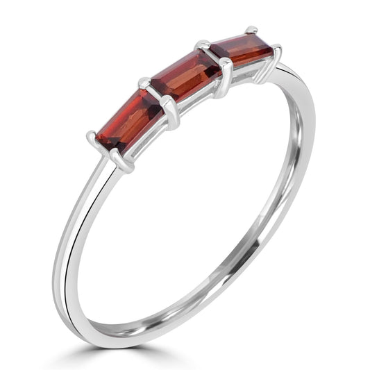 Heidi Sterling Silver Garnet Gemstone Stackable 3-Stone Baguette Ring, Sizes 6 to 8