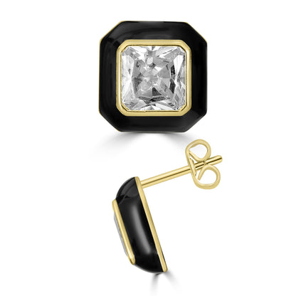 Bob Mackie Jewelry 14K Gold Over Brass Black, White and Navy Enamel White Cubic Zirconia Stud Earrings, Set of 3 Colors