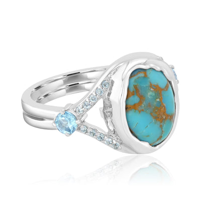 Women Sterling Silver Oval Turquoise and Blue Topaz Gemstone Split Shank Ring | Birthstone Jewelry Gift for Her Birthday | Wedding | Anniversary (Ring Size 6)