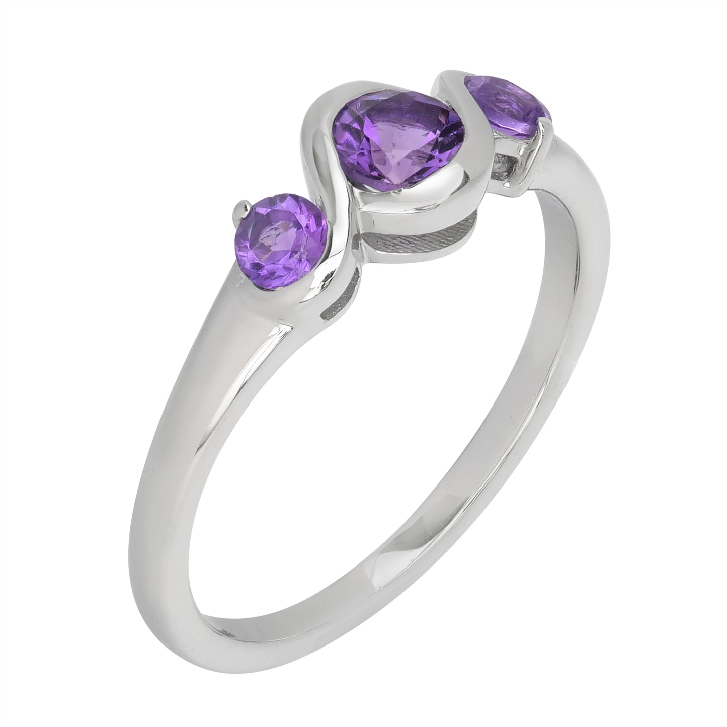 Cora Sterling Silver Amethyst Gemstone 3-Stone Round Bezel Ring, Sizes 6 to 8