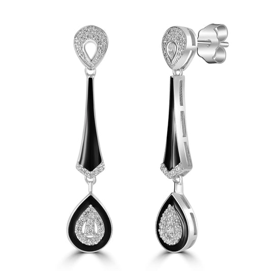 Judy Crowell Jewelry Sterling Silver Black Enamel Cubic Zirconia Drop Earrings