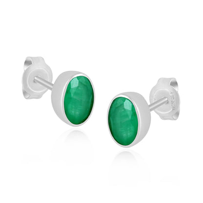 14K White Gold Oval Emerald Gemstone Stud Earrings