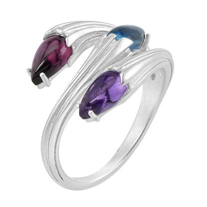 Sterling Silver London Blue Topaz, Rhodolite and Amethyst 3-Stone Bypass Ring, Sizes 5 to 9