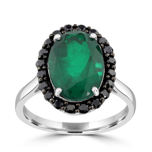 Sterling Silver Oval Emerald Quartz & Round Black Spinel Women Ring (7.02 Ct)