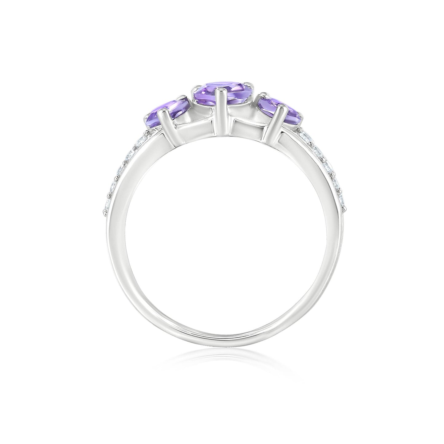 Sterling Silver Amethyst Cubic Zirconia Heart Cut 3-Stone Ring, Sizes 7 to 9