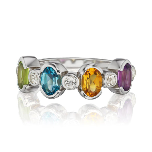 Gemistry Womens & Girls 925 Sterling Silver Rainbow Oval Gemstone Birthstone Band Ring Gift for Her | Wedding | Birthday | Anniversary (Ring Size: 7)