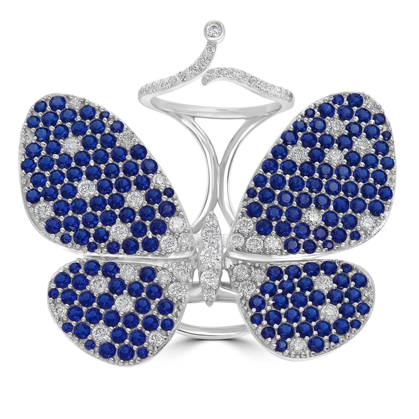 Judy Crowell Jewelry Sterling Silver Blue and White Cubic Zirconia Butterfly Cocktail Ring, Sizes 6 to 9