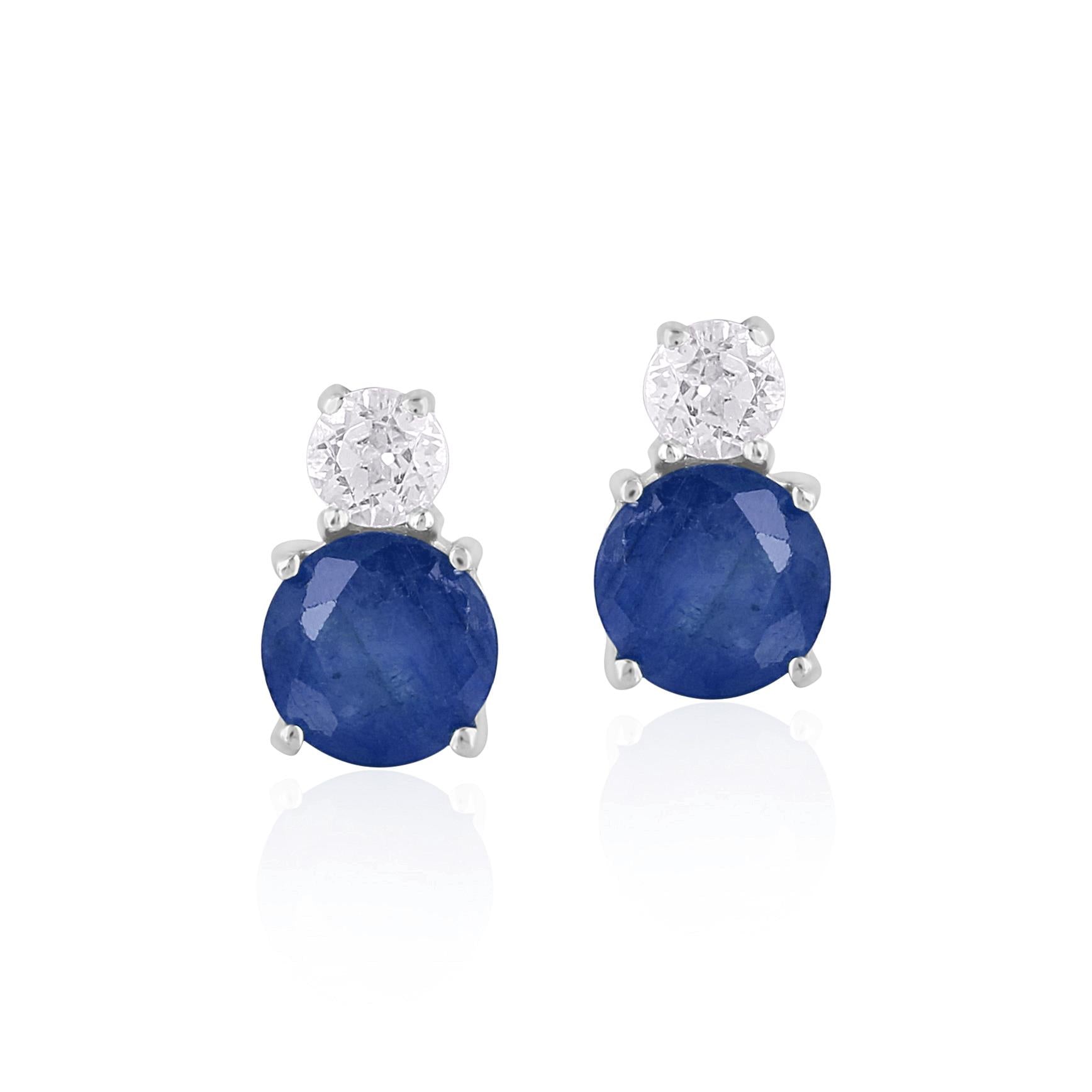 14K White Gold Round Sapphire and White Topaz Stud Earrings