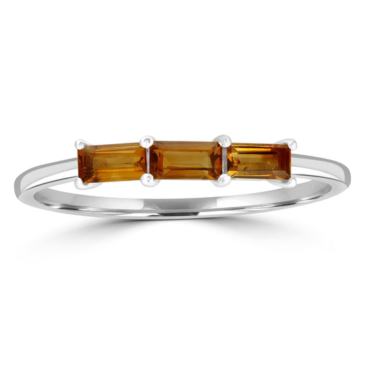 Heidi Sterling Silver Citrine Gemstone Stackable 3-Stone Baguette Ring, Sizes 6 to 8