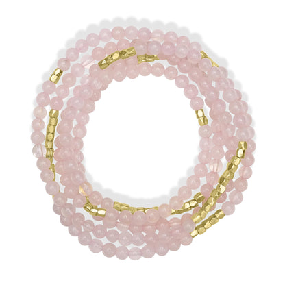 14K Gold Over Brass Rose Quartz Beaded Wrap Bracelet or Necklace, 35 Inches