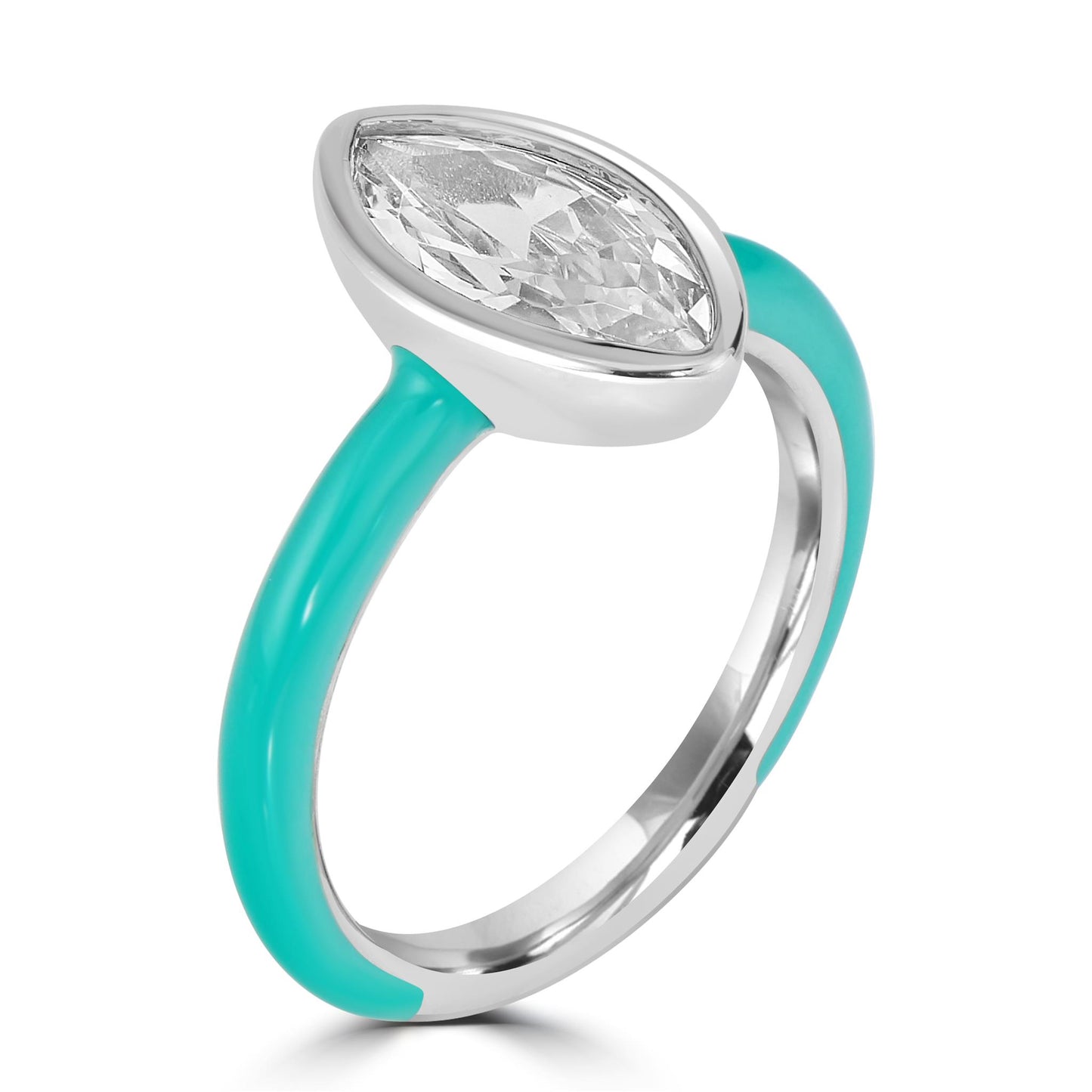 Bob Mackie Silver Over Brass Turquoise Enamel Marquise Cut White Cubic Zirconia Ring, Sizes 6 to 8