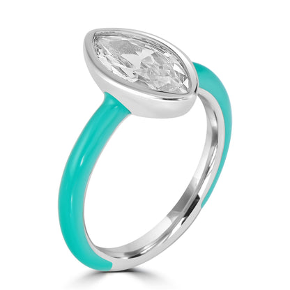 Bob Mackie Silver Over Brass Turquoise Enamel Marquise Cut White Cubic Zirconia Ring, Sizes 6 to 8