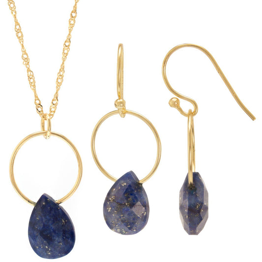 14K Gold Over Sterling Silver Lapis 18 Inch Pendant Necklace and Dangle Earring Set