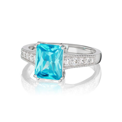 Sterling Silver Blue Aqua and White Cubic Zirconia Ring, Sizes 7 to 10