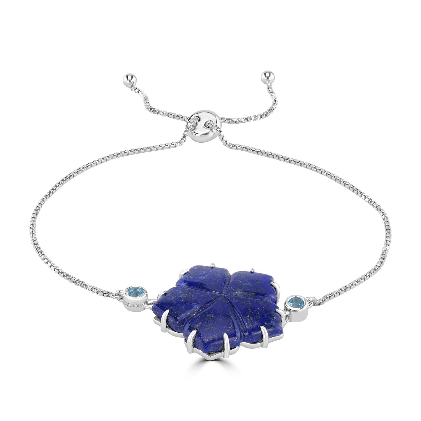 Gemistry GG Collection Lapis and Swiss Blue Topaz Adjustable Flower Bolo Bracelet for Women in Sterling Silver