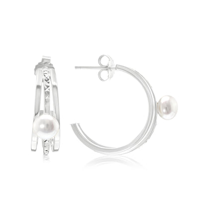 Judy Crowell Jewelry Sterling Silver Freshwater Pearl Diamond Cut Triple Hoop Earrings