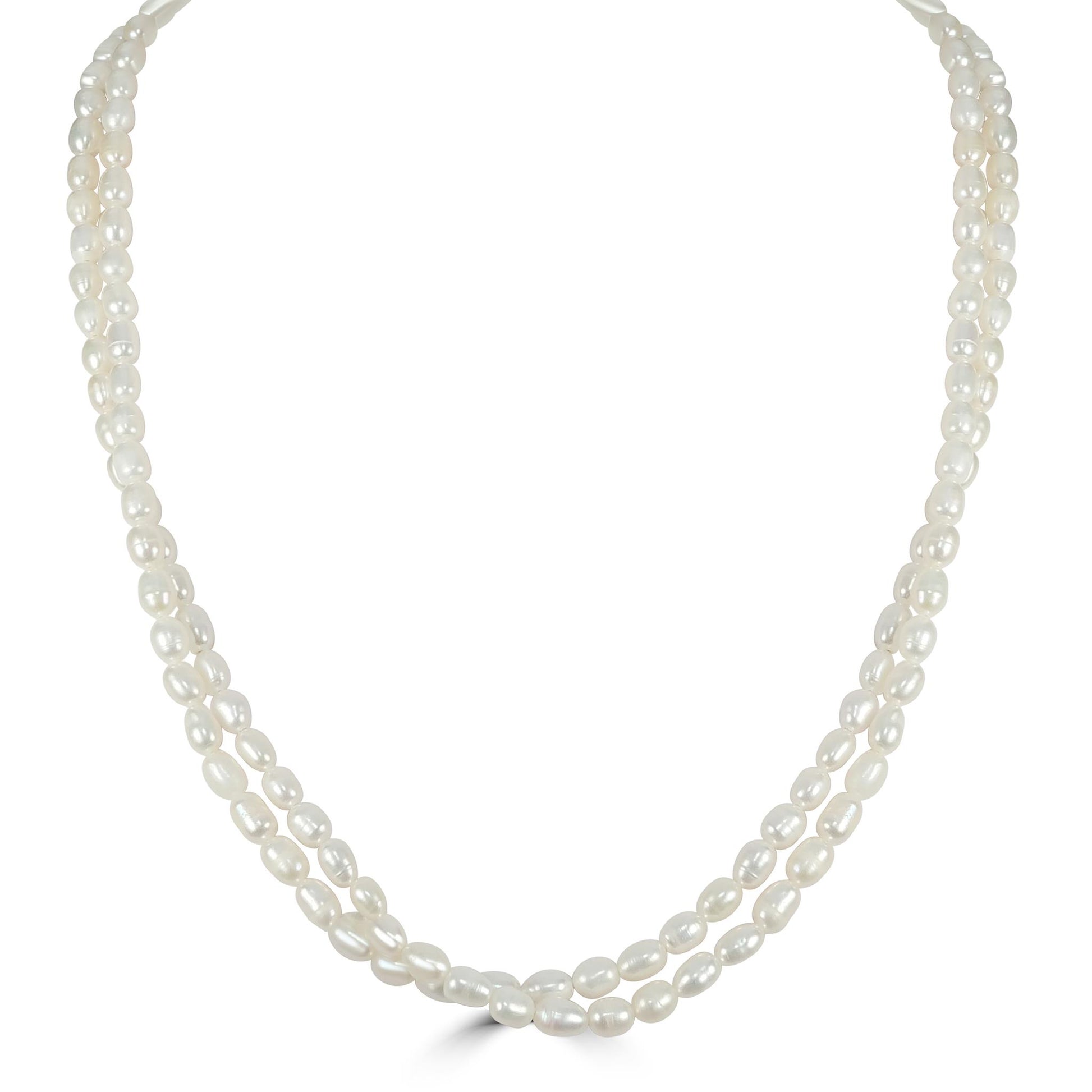 Sterling Silver White Rice Pearl Double Strand Necklace