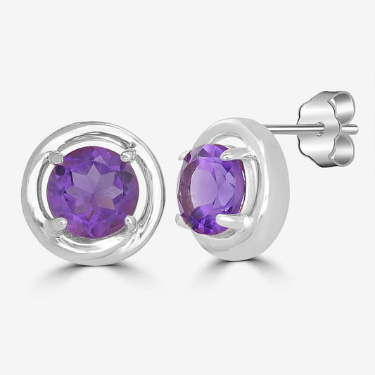 Sterling Silver Round Amethyst Gemstone Stud Earrings