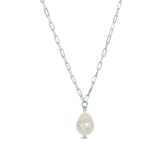 Gemistry White Cultured Freshwater Baroque Pearl June Birthstone Solitaire Pendant Necklace in 925 Sterling Silver for Women