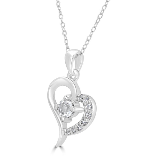Sterling Silver White Topaz and Cubic Zirconia Heart Pendant Necklace, 18 Inches
