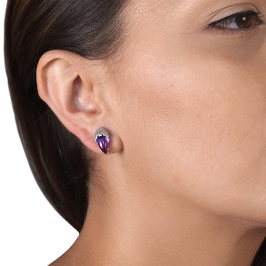 Sterling Silver Pear Amethyst Gemstone Ribbed Stud Earrings