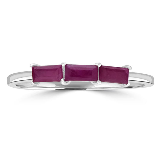 Heidi Sterling Silver Ruby Gemstone Stackable 3-Stone Baguette Ring, Sizes 6 to 8