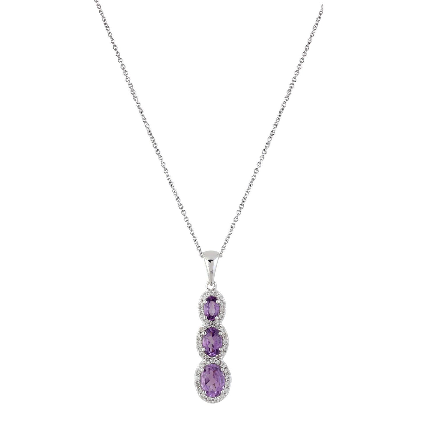 Gemistry Amethyst with Genuine White Natural Zircon Gemstone Elegant Tripal Drop Pendant Necklace in 925 Sterling Silver, 18 inch