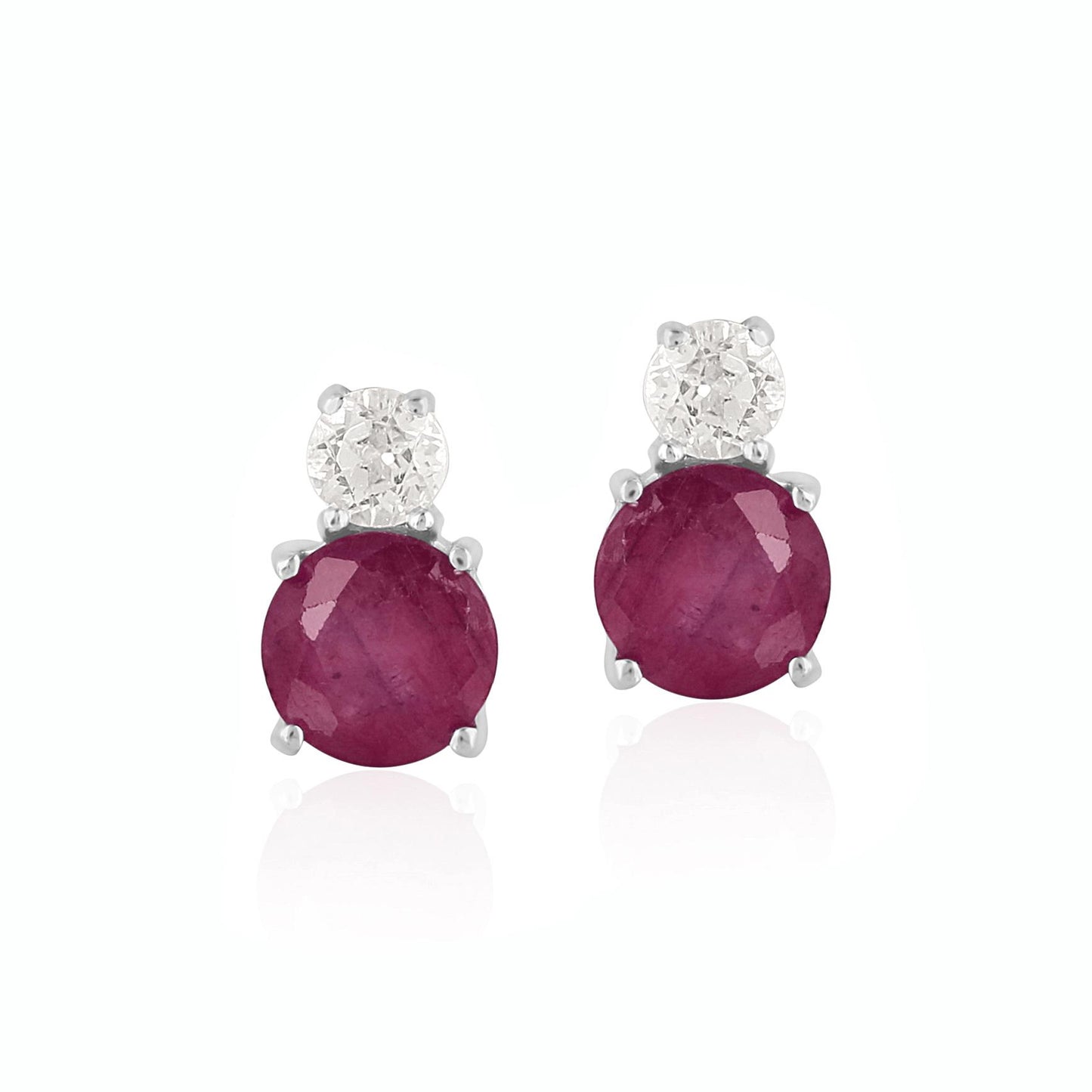 14K White Gold Round Ruby and White Topaz Stud Earrings