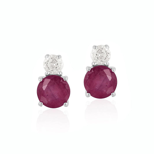 14K White Gold Round Ruby and White Topaz Stud Earrings