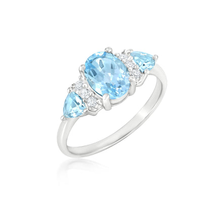 Sterling Silver Blue Topaz and Cubic Zirconia 3-Stone Ring, Sizes 7 to 9