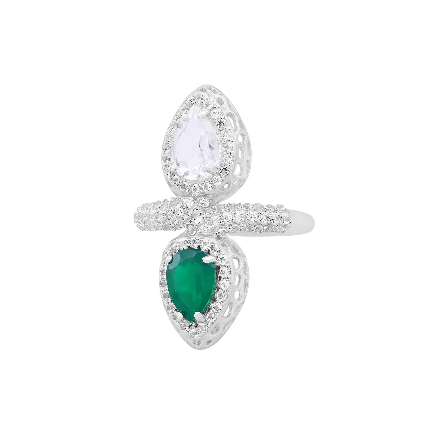 Sterling Silver Green Onyx Crystal and White Topaz Double-Pear Ring, Sizes 5 to 11.5