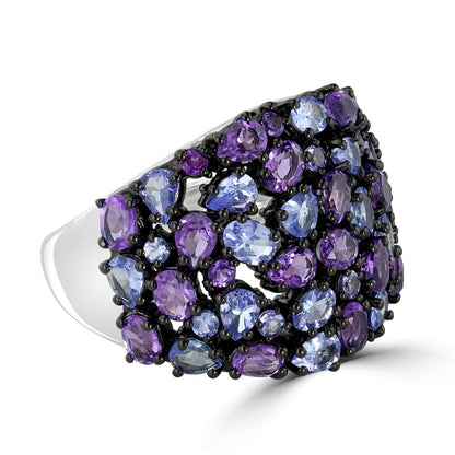 Sterling Silver Oval & Round Tanzanite & Amethyst Gemstone Women's Ring (6.11 Ct)