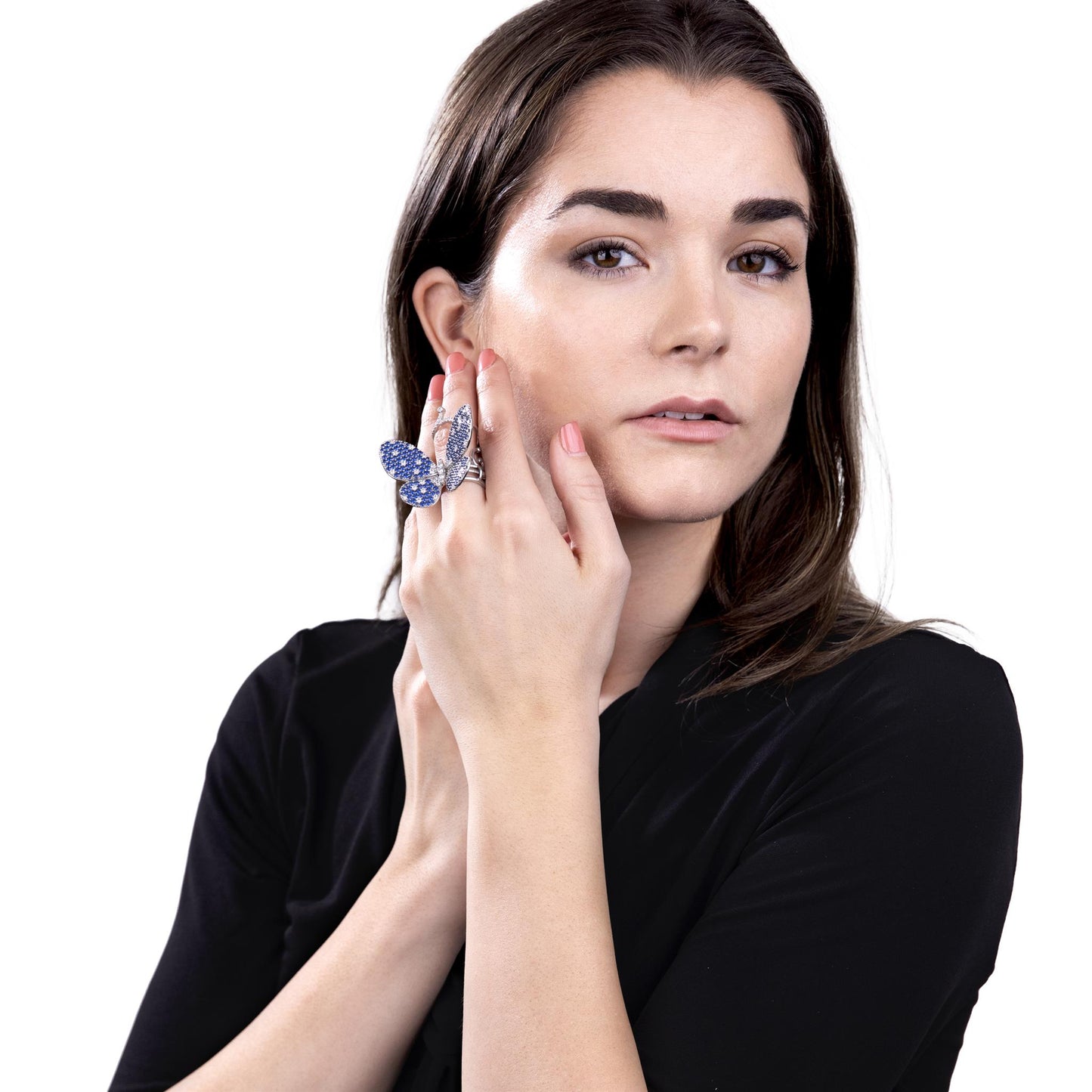 Judy Crowell Jewelry Sterling Silver Blue and White Cubic Zirconia Butterfly Cocktail Ring, Sizes 6 to 9