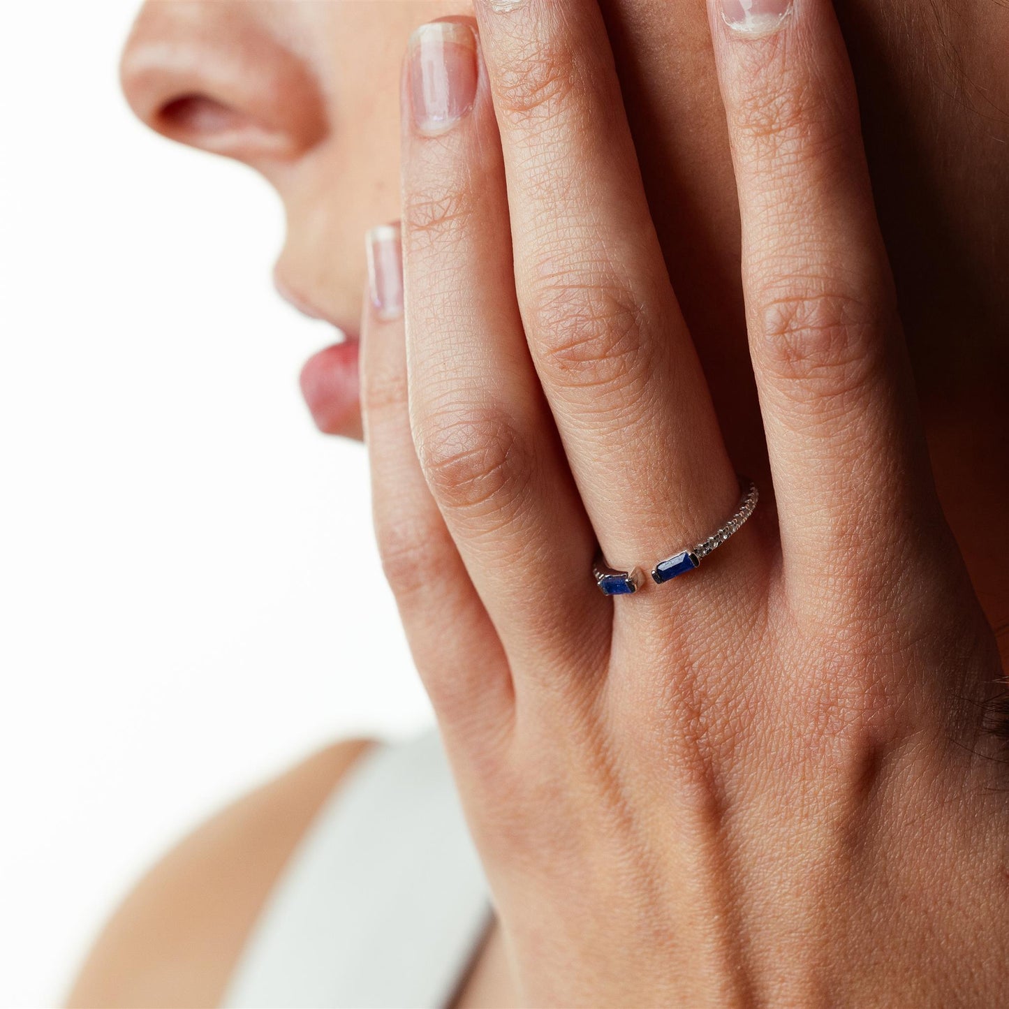 14K White Gold Sapphire and White Topaz Cuff Ring